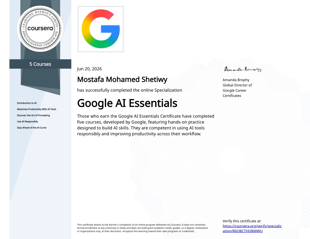 Preview of Google AI Essentials Specialization certificate